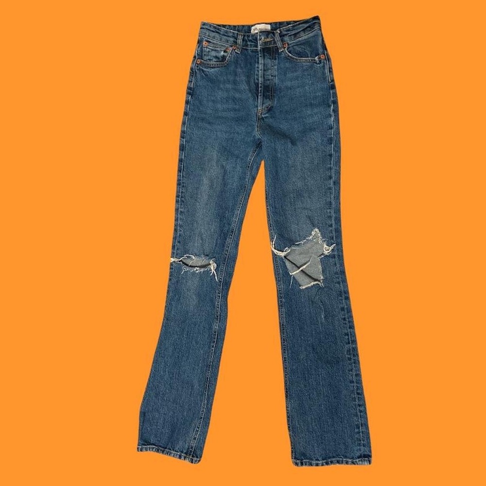 Ribcage Zara Boot Cut Blue Jeans with Asymmetrical Knee rips
